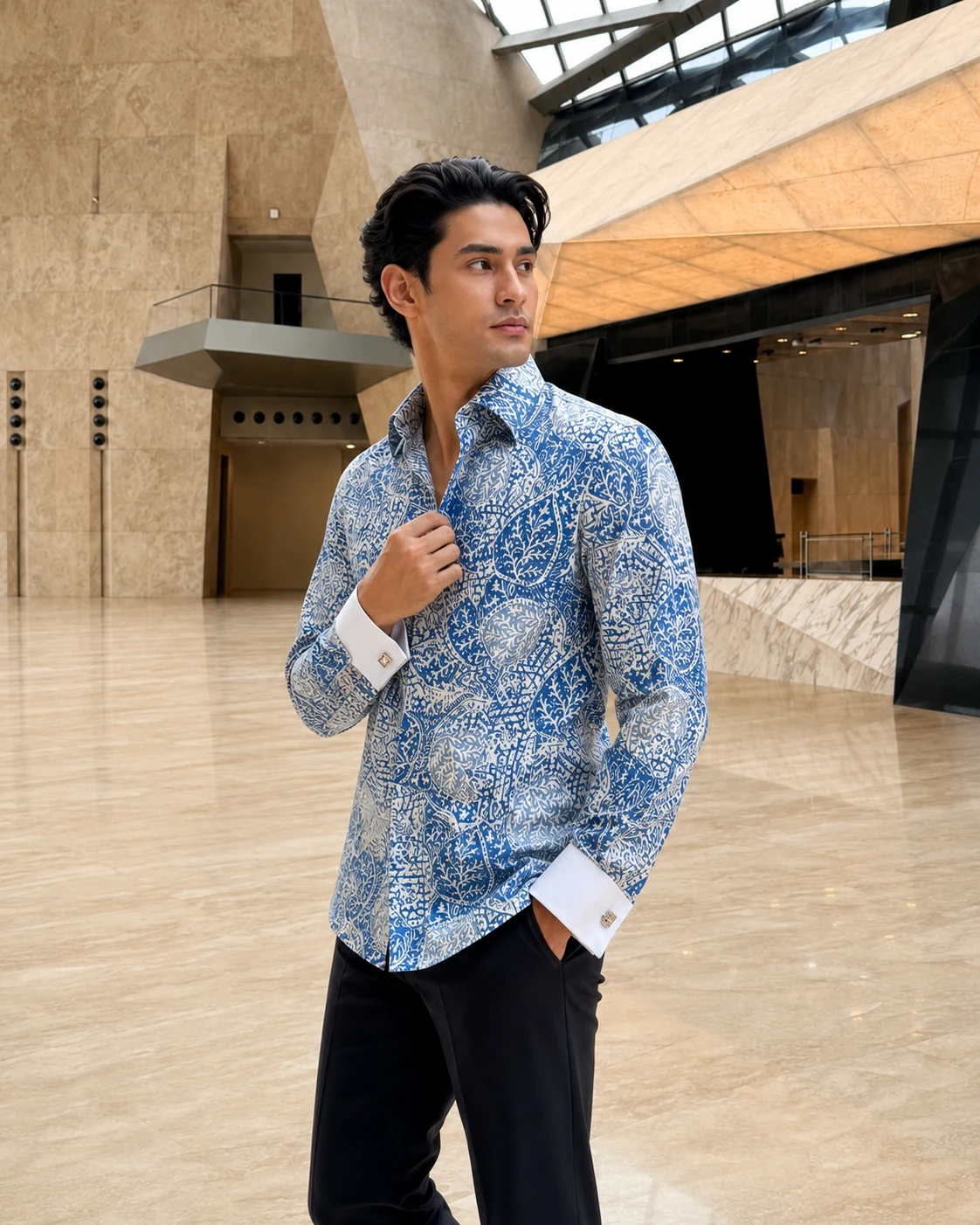Close view of the blue batik shirt's sharp collar